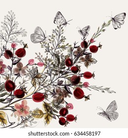 Flower vector background with plants. Vintage style