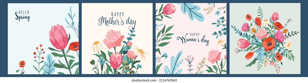 Flower vector background set. Spring floral patterns for post, card template design. Cute creative bouquet decoration. Bloom illustrations in modern flat style