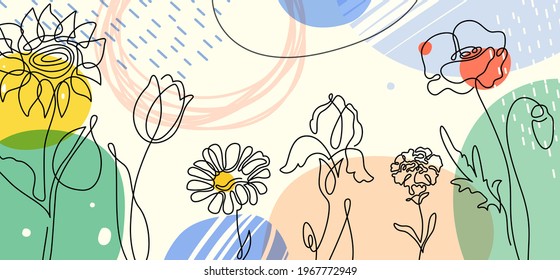 Flower vector banner background with one line floral plants, abstract geometric shapes and colors in trendy simple modern style. Creative spring summer pattern.