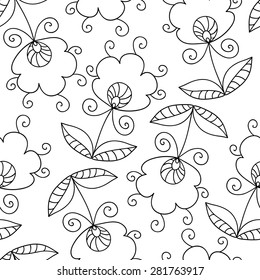 Flower vector black and white seamless pattern.