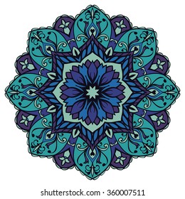 Flower, vector blue mandala isolated on white background. Round ornamental design element.