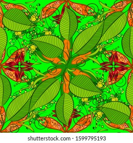 Flower. Vector. Brown, green and orange floral pattern for wallpaper or fabric. Seamless pattern with flowers and exotic leaves on brown, green and orange background. Botanic Tile.