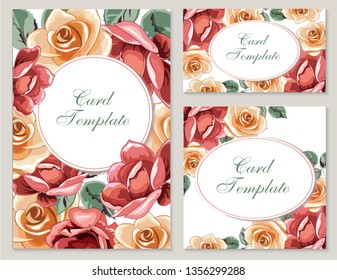 Flower vector card. Template. Blank wedding invitation, greeting card, banner. Flowers, leafs, pink rose. Decorative frame. Set.