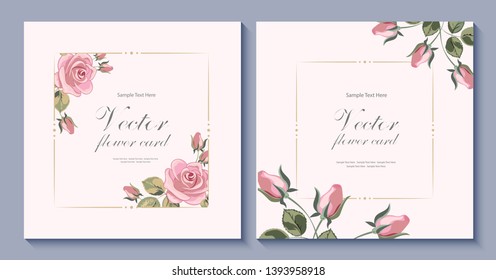 Flower vector card. Template. Thank you. Blank wedding invitation, greeting card, banner. Flowers, leafs, pink rose. Decorative frame. Set.