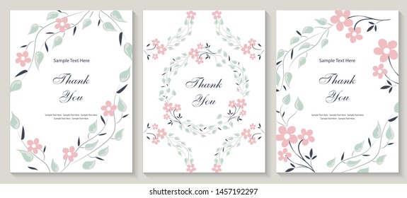 Flower vector card. Template. Thank you. Blank wedding invitation, greeting card, banner. Flowers, leafs. Decorative frame. Set.