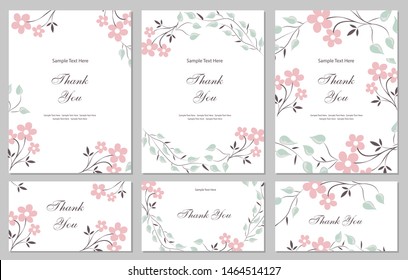 Flower Vector Card. Template. Thank You. Blank Wedding Invitation, Greeting Card, Banner. Flowers, Leafs, Pink Rose. Decorative Frame. Set.