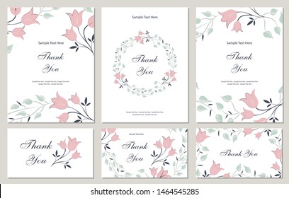 Flower vector card. Template. Thank you. Blank wedding invitation, greeting card, banner. Flowers, leafs. Decorative frame. Set.