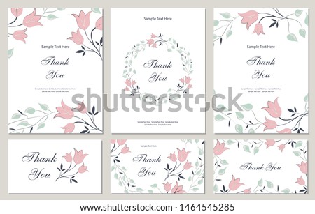 Flower vector card. Template. Thank you. Blank wedding invitation, greeting card, banner. Flowers, leafs. Decorative frame. Set.