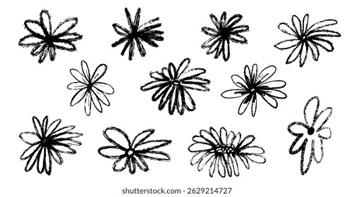 Flower vector crayon charcoal sketch floral  arrangement hand drawn in simple doodle style. Grunge botanical wedding, party decoration silhouette collection.