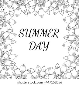 Flower vector cute frame. Photo frame with cute abstract flowers. Black and white frame.
