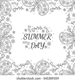 Flower vector cute frame. Photo frame with cute abstract flowers. Black and white frame. Monochrome flowers on white background.