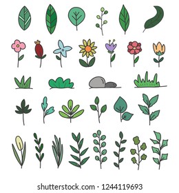 Flower vector doodle. Hand drawn leaves, flower, grass and wreath. Flowers and leaves isolated. Decorative Flower vector ornament isolated design. 