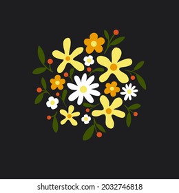 Flower vector drawing. Hand drawn daisy floral object on black background. Red orange yellow white flowers. Great for greeting card and wedding invitation