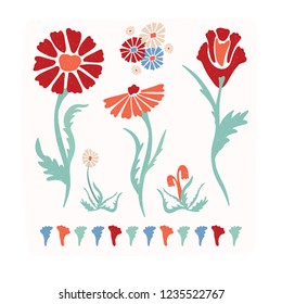 Flower Vector Elements Illustration Set.  Drawn Colorful Blooms, Weeds, Blossom in Folk Art Style, Hand Painted
Isolated Floral Stems for Spring Decor, Blog Icon, Scrapbook, Floral Garden Packaging.