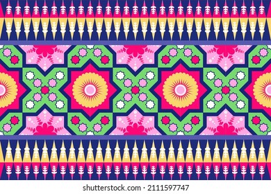Vector de flores y diseño geométrico de patrones orientales étnicos para papel de pared, papel de envoltura, tela, mantel, ropa, textil, fondo, fondo, etc.