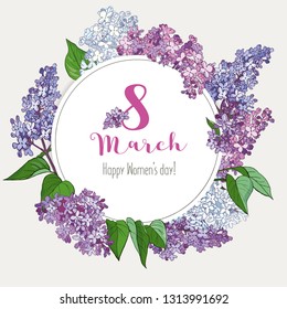 Flower vector greeting card for 8 March. Lilac round frame.