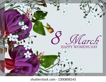  Flower vector greeting card.  Banner for the International Women's Day. Flyer for March 8 with the decor of forget me not and exotic purple  flowers.