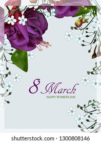  Flower vector greeting card.  Banner for the International Women's Day. Flyer for March 8 with the decor of forget me not and exotic purple  flowers.