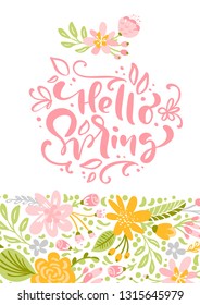 Flower Vector greeting card with text Hello Spring. Isolated flat illustration on white background. Spring scandinavian hand drawn nature wedding design