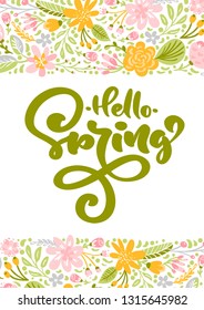 Flower Vector greeting card with text Hello Spring. Isolated flat illustration on white background. Spring scandinavian hand drawn nature wedding design