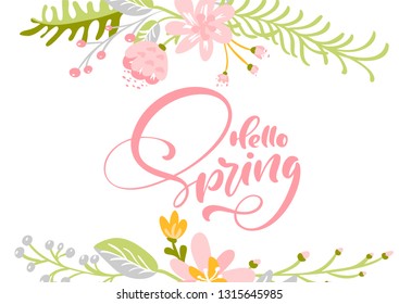 Flower Vector greeting card with text Hello Spring. Isolated flat illustration on white background. Spring scandinavian hand drawn nature wedding design
