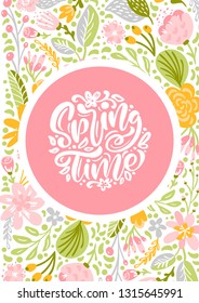 Flower Vector greeting card with text Spring Time. Isolated flat illustration on white background. Spring scandinavian hand drawn nature wedding design