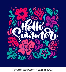 Flower Vector greeting card with text Hello Summer. Isolated colored floral flat illustration. Scandinavian hand drawn nature design