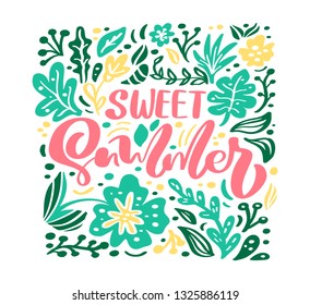 Flower Vector greeting card with text Sweet Summer. Isolated colored flat illustration on white background. Scandinavian hand drawn nature design