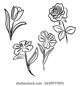 Flower vector icon. Bloom petal shape. Black outline design. White background symbol.