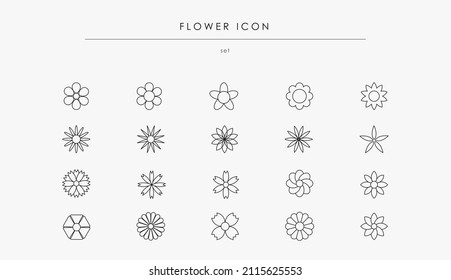 Flower vector icon set with black thin outlines. Big flower set isolated on white background. Fower icon collection for web design and mobile apps. Simple floral symbol with petal. Minimal frolar sign