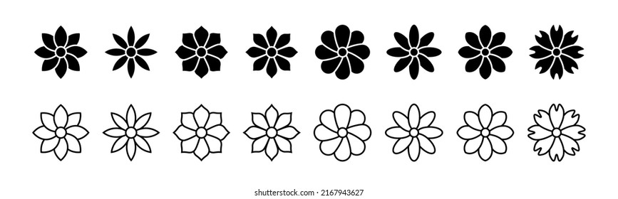 Flower vector icon set. Floral plant isolated silhouettes. Flower icon set. Black line flower icons. Plant icons. Black flowers isolated on white background Vector graphic EPS 10 