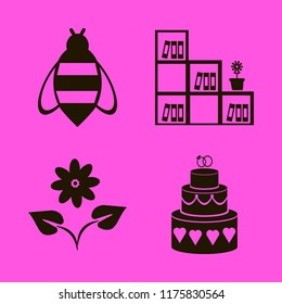 Flower vector icons set. with bee, cake wedding, bookcase flower pot and flower in set