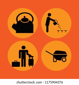 Flower vector icons set. with guest, person watering can, wheelbarrow and teapot in set