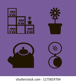 Flower vector icons set. with teapot, bookcase flower pot, pocket mirror and flower pot in set