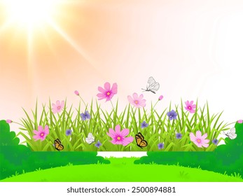  flower Vector  illustration of a beautiful summer landscape with sun and and flowers a beautiful flowers ,flower and grass.