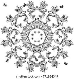 Flower vector illustration decorative frame. Doodle flower pattern black and white isolated on white background. Coloring page design with flowers mandala pattern. flower mandala.