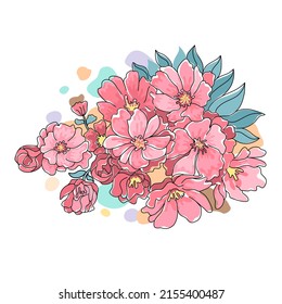 Ilustración vectorial de flores diseñada en colores brillantes Estilo Doodle sobre fondo blanco para tarjetas, fondos, postales, carteles, regalos, decoraciones temáticas de primavera y más 