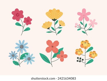 Flower vector illustration in hand drawing style. Illustration depicting flowers and leaves in abstract, warm colors