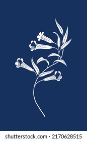 Flower vector illustration, isolated on blue background. Interior, fabric print, stamp, engraving, packaging, stencil. Branch and flowers