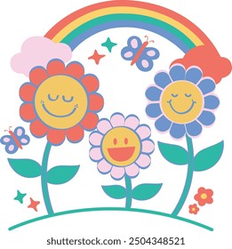 Flower vector illustration one point, The three flower vector not AI, Flower with rainbow summer vector, Funny collection of flowers, can be used for one point. Funny happy flower with eyes and smile.