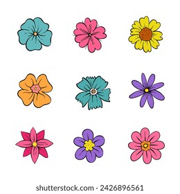 Flower vector illustration. Flower petals in various colour. Cartoon blossom floral vector.