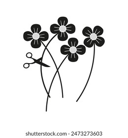 Ilustración vectorial de flores. Tijeras cortando subgrupos. Concepto de arreglo floral. Diseño simple en negro.