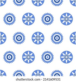 Flower vector illustration seamless pattern, ornament. Pattern with Scandinavian, Norwegian blue flowers, floral ethnic pattern simple ornament of textile, fabric, paper, wrapping. 