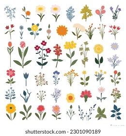 Flower Vector Illustration Set flat Floral style spring nature plant collection art flora simple leaf designs