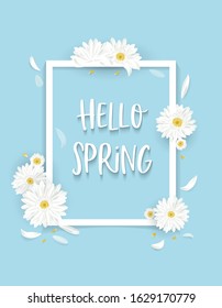 Flower Vector illustration with spring flower decorations and place for text on sky blue background can be used for background, greeting card or frame
