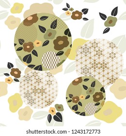 Flower vector with Japanese pattern vector. Gold geometric and floral icons background.