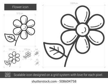 Icono de línea vectorial de flor aislado en fondo blanco. Icono de línea de flores para infografía, sitio web o aplicación. Icono escalable diseñado en un sistema de cuadrícula.