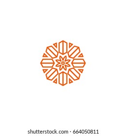 Flower vector linear nature logo. Orange line art summer sun. Outline garden abstract symbol.