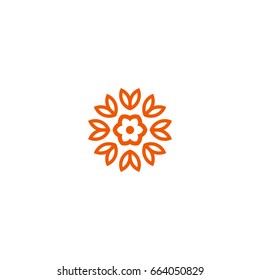 Flower vector linear nature logo. Orange line art summer sun. Outline garden abstract symbol.