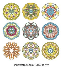 Flower vector mandalas set. Collrction of oriental circle patterns, coloring illustrations. Islam, turkish, pakistan, indian, chinese, arabic, ottoman ornate motifs